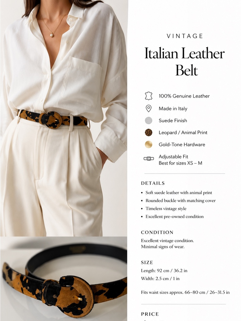Vintage Leopard Print Leather Belt in Black and Brown - Gold Hardware